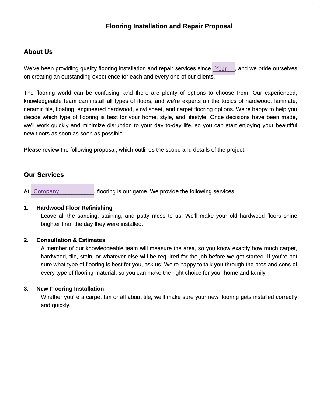 Flooring Installation and Repair Proposal Fill