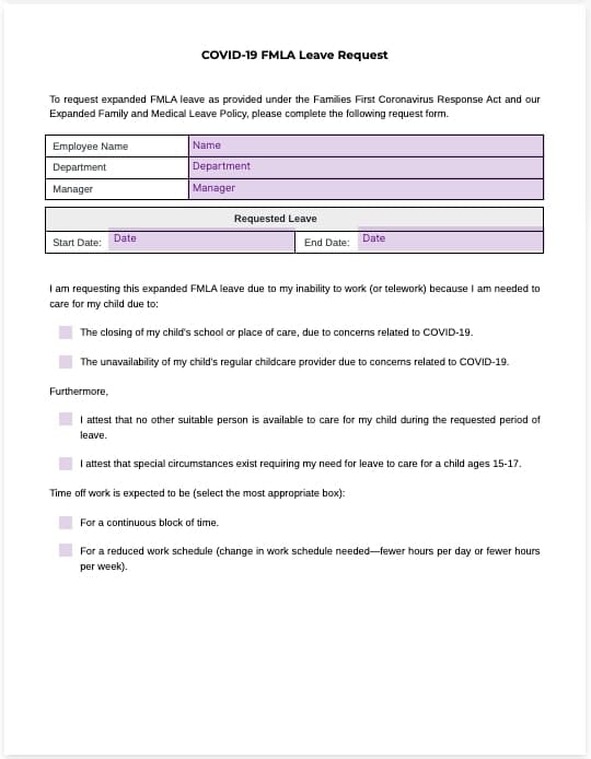 covid 19 fmla leave request form template